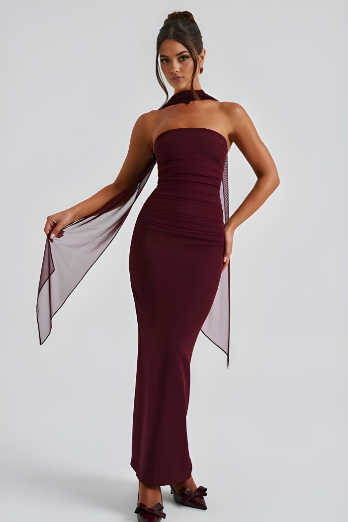 Deborah - Strapless Bandage Maxi-Kleid mit Chiffon-Halter-Drape