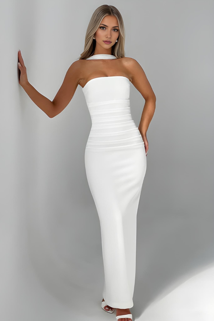 Deborah - Strapless Bandage Maxi-Kleid mit Chiffon-Halter-Drape