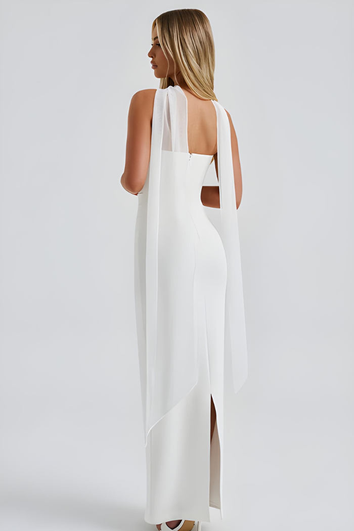 Deborah - Strapless Bandage Maxi-Kleid mit Chiffon-Halter-Drape
