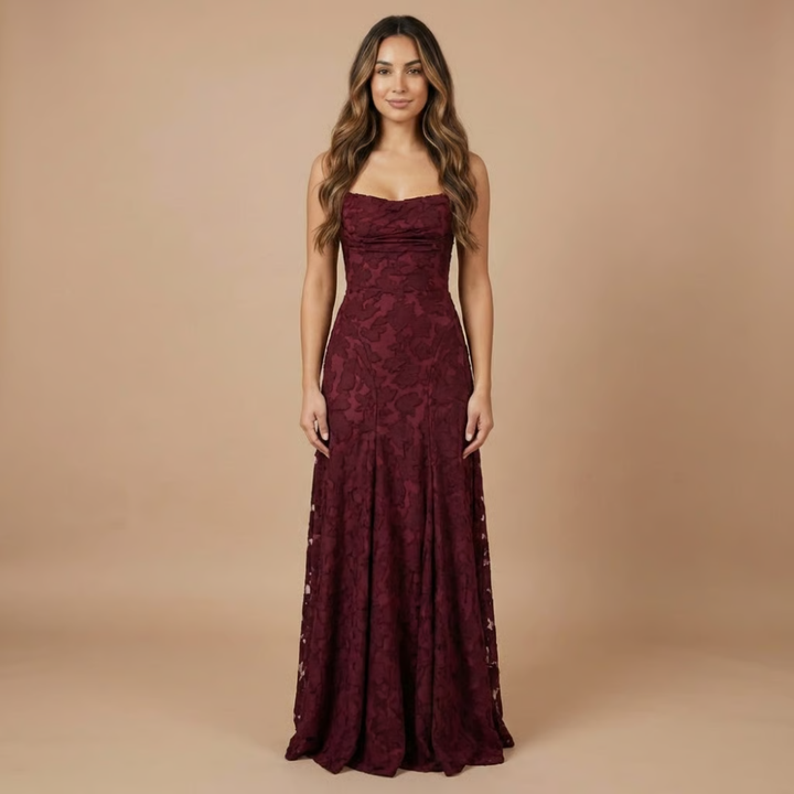 Damen Hochzeitsgast Blumenspitze Maxi Kleid mit Spaghettiträgern