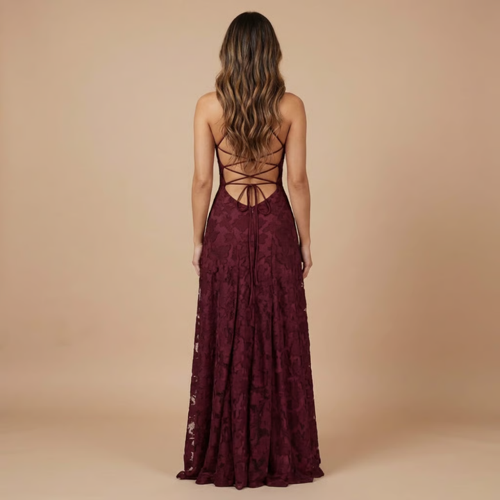 Damen Hochzeitsgast Blumenspitze Maxi Kleid mit Spaghettiträgern