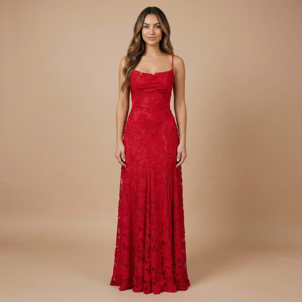 Damen Hochzeitsgast Blumenspitze Maxi Kleid mit Spaghettiträgern