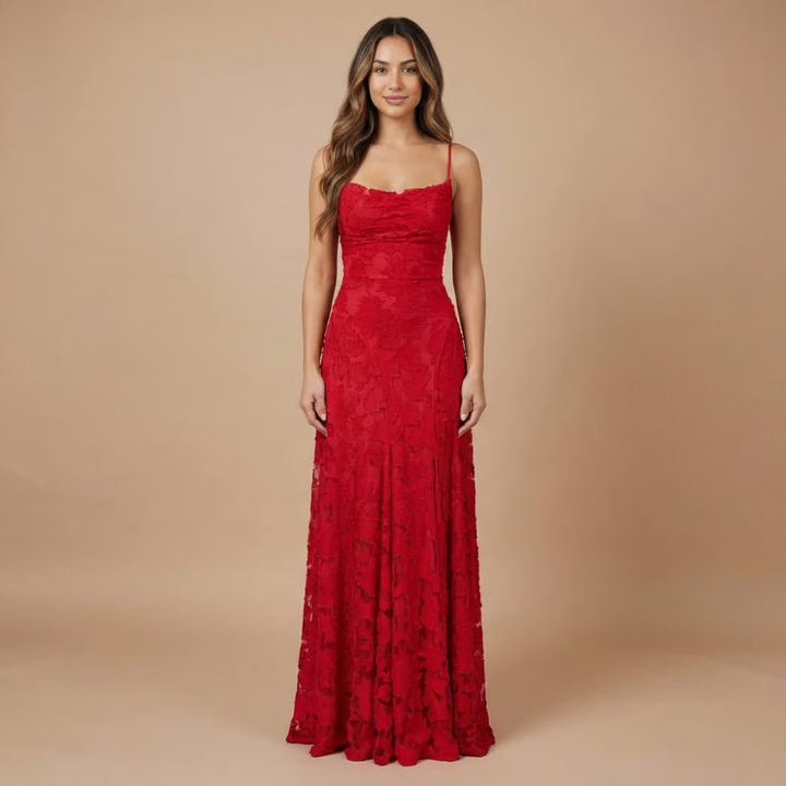 Damen Hochzeitsgast Blumenspitze Maxi Kleid mit Spaghettiträgern