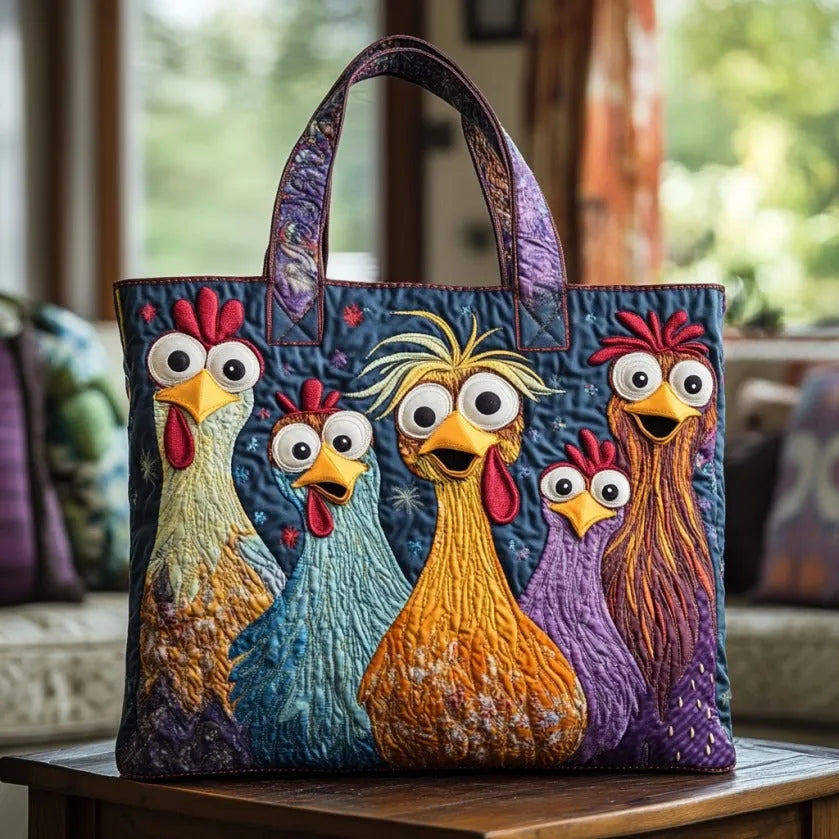 Gesteppte Tote Bag mit Motiv Fünf bunte Hühner von Maria Zürich