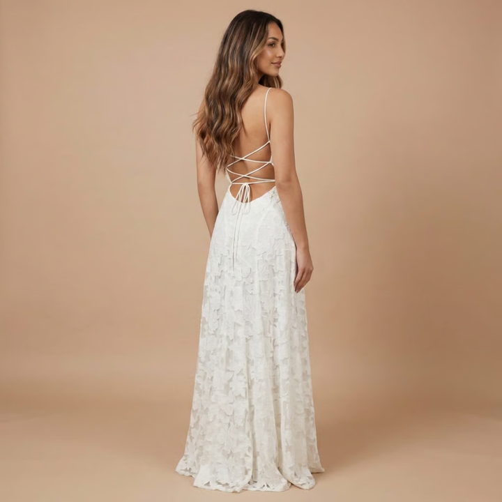 Damen Hochzeitsgast Blumenspitze Maxi Kleid mit Spaghettiträgern