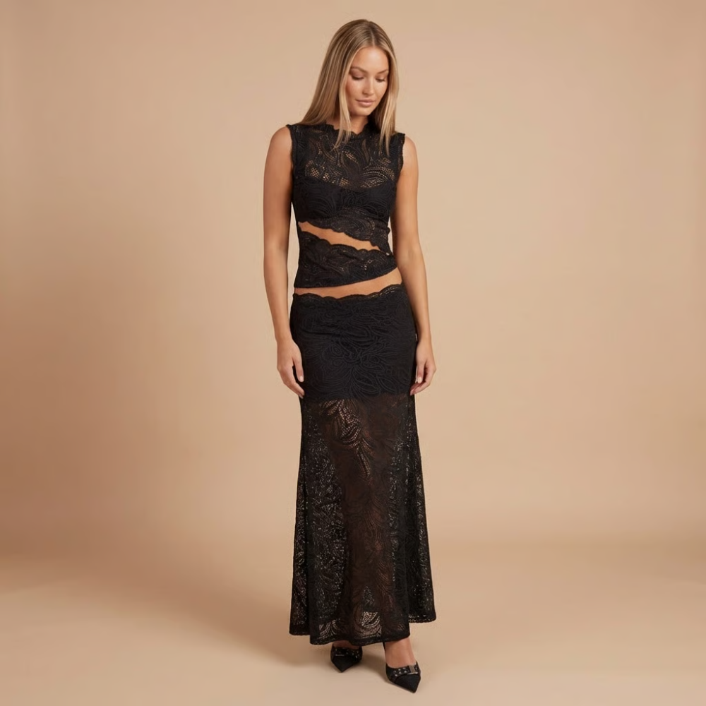 Damen Cocktail Spitze Hoher Kragen Maxi Rock Set
