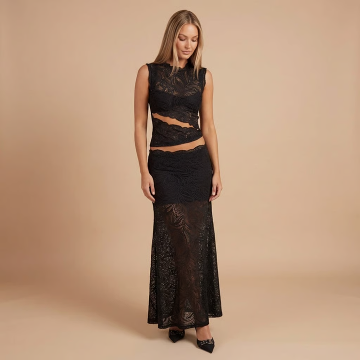 Damen Cocktail Spitze Hoher Kragen Maxi Rock Set