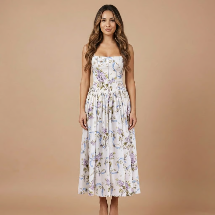 Stephanie - Blumendruck Korsett-Oberteil Midikleid