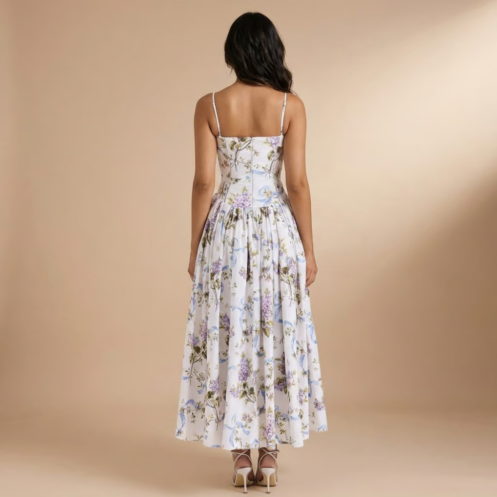 Stephanie - Blumendruck Korsett-Oberteil Midikleid