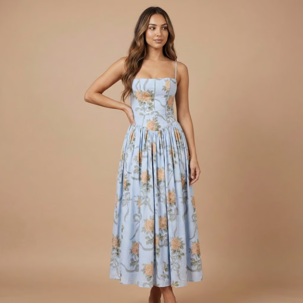 Stephanie - Blumendruck Korsett-Oberteil Midikleid