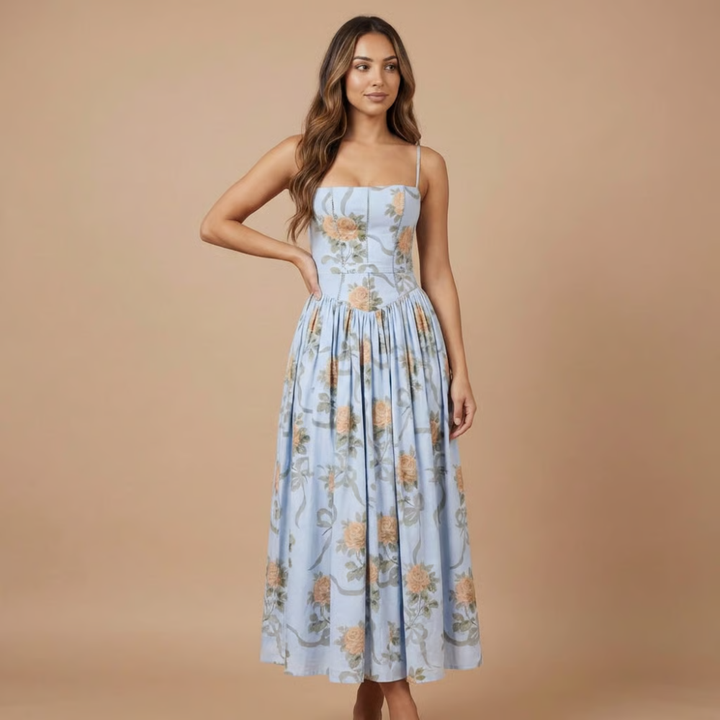 Stephanie - Blumendruck Korsett-Oberteil Midikleid