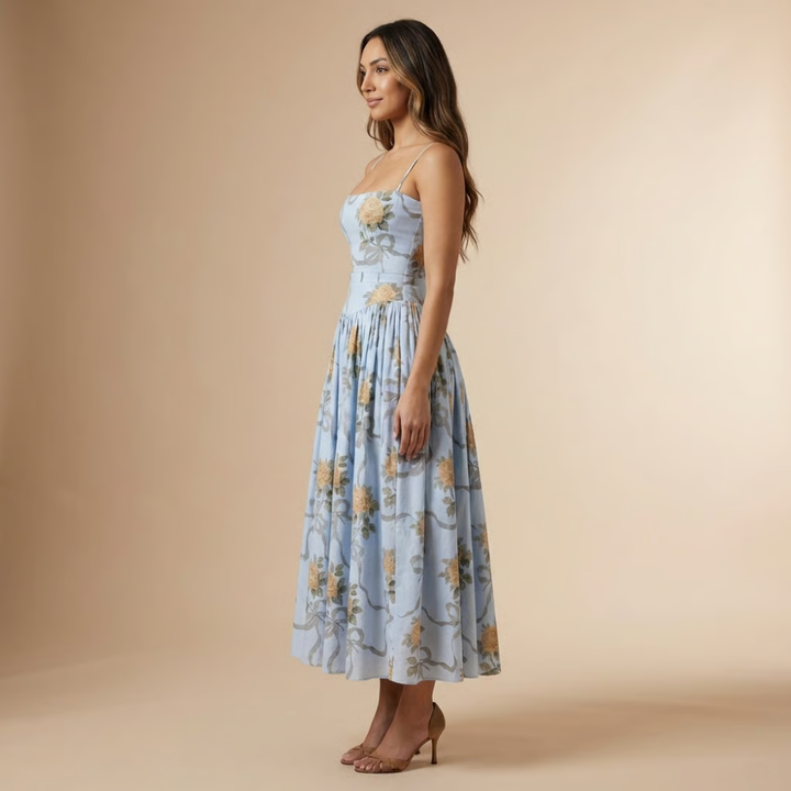 Stephanie - Blumendruck Korsett-Oberteil Midikleid