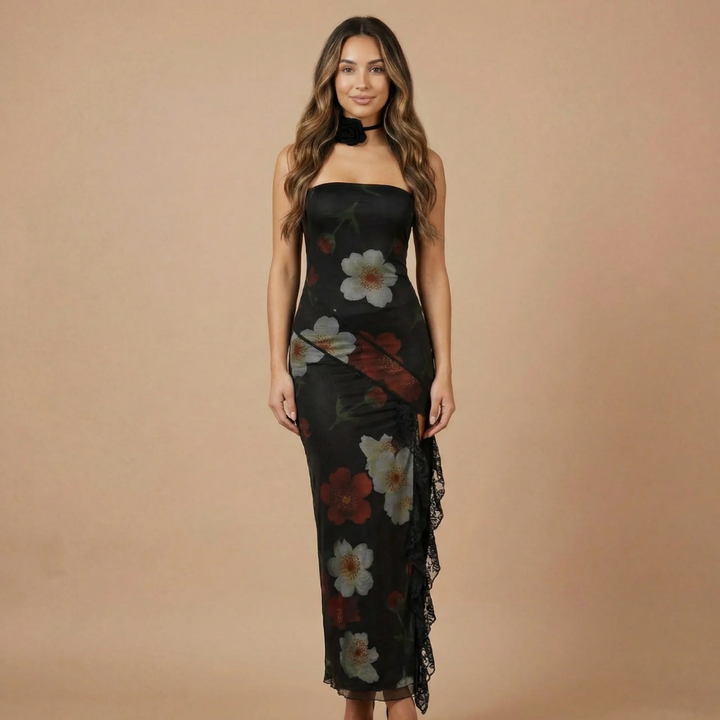 Hochzeitsgäste Strapless Blumen Maxi Kleid für Damen