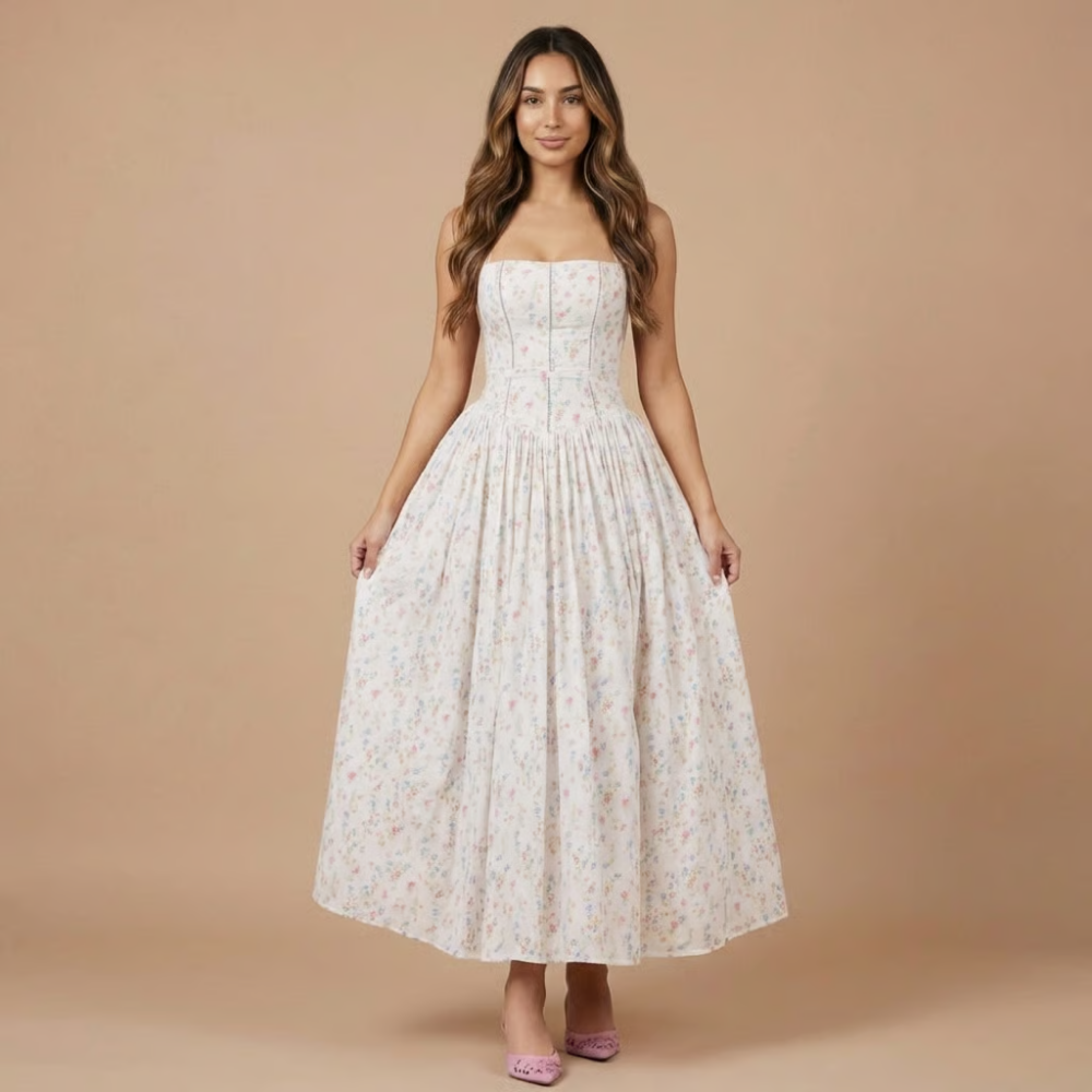 Stephanie - Blumendruck Korsett-Oberteil Midikleid