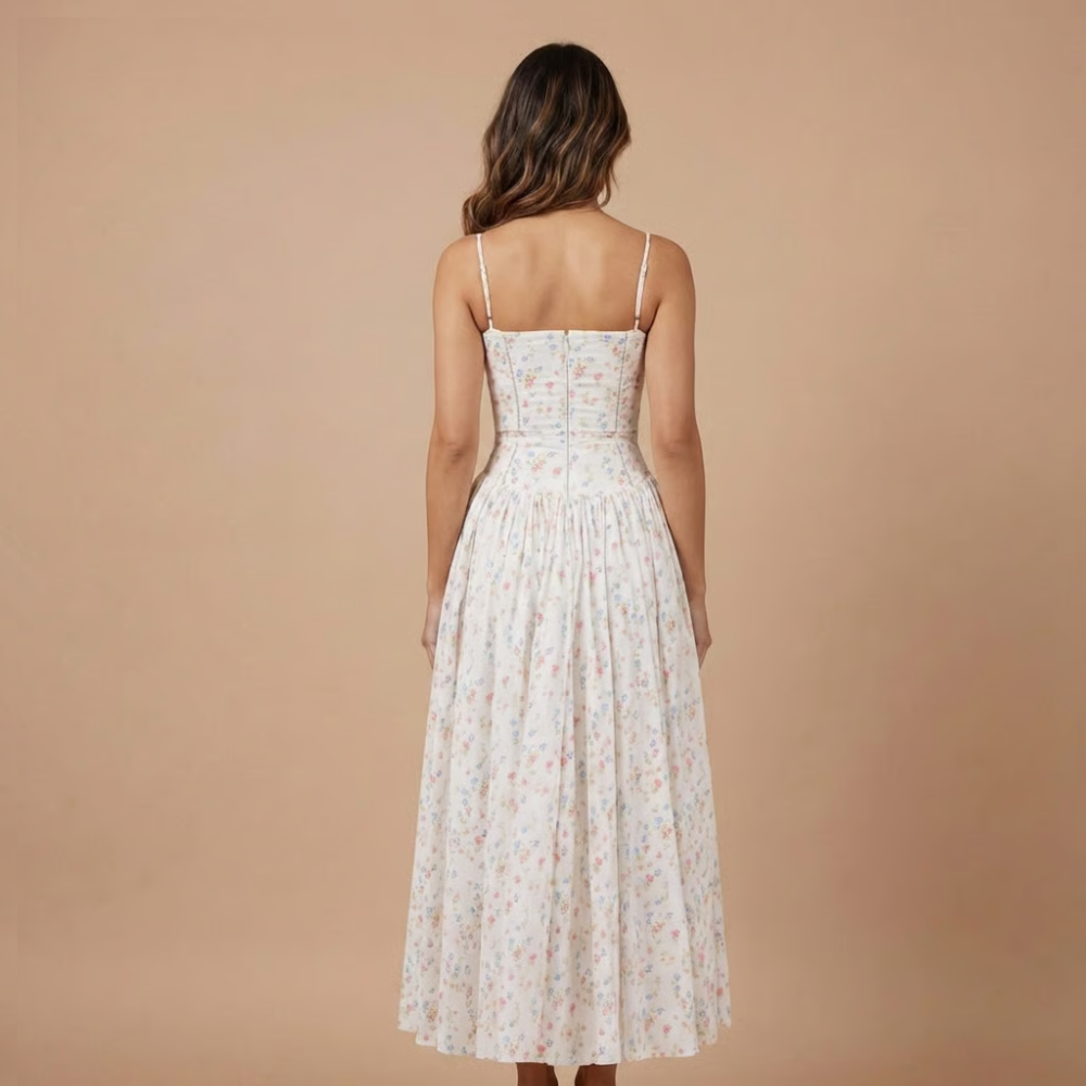 Stephanie - Blumendruck Korsett-Oberteil Midikleid