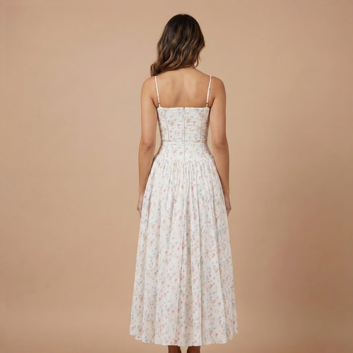 Stephanie - Blumendruck Korsett-Oberteil Midikleid