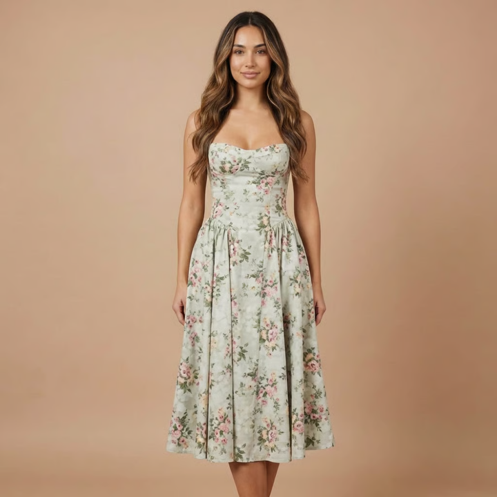 Stephanie - Blumendruck Korsett-Oberteil Midikleid