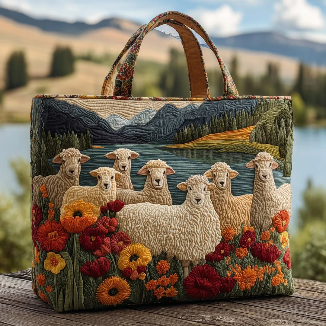 Gesteppte Tote Bag mit Motiv Schafe am See von Maria Zürich
