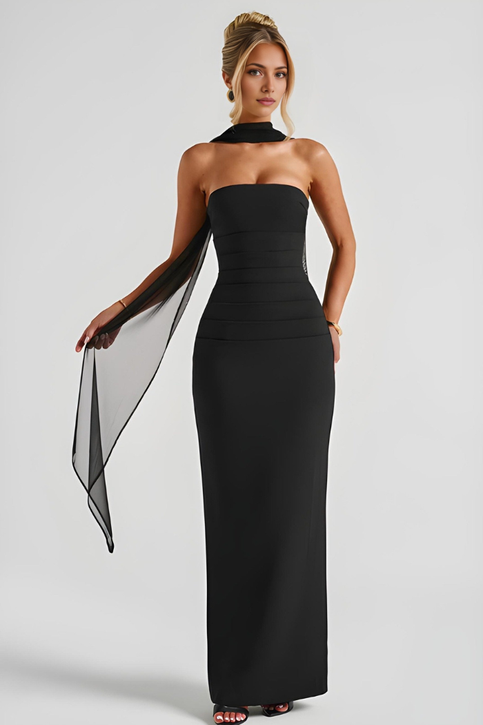 Deborah - Strapless Bandage Maxi-Kleid mit Chiffon-Halter-Drape