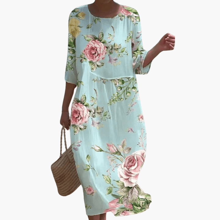 Mary - Rosenmuster 3/4-Ärmel Lockeres Midi-Kleid