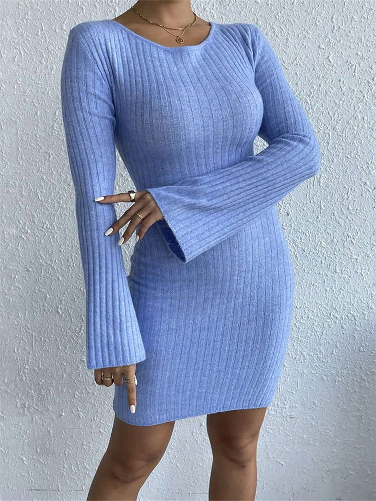 Damen Geripptes Strickkleid mit Glockenärmeln