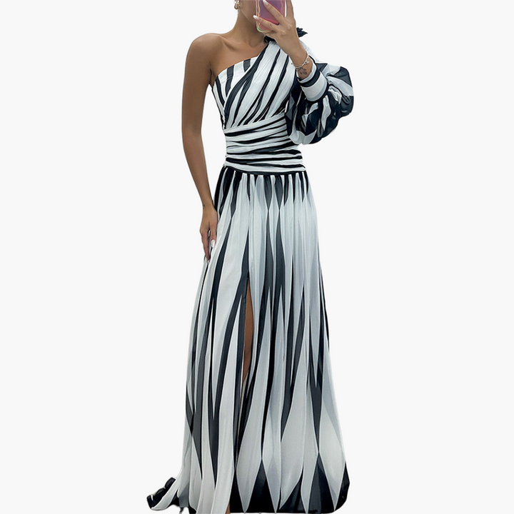 Susan - Ein-schultriges - Print Puff Ärmel Maxi Kleid mit Schlitz