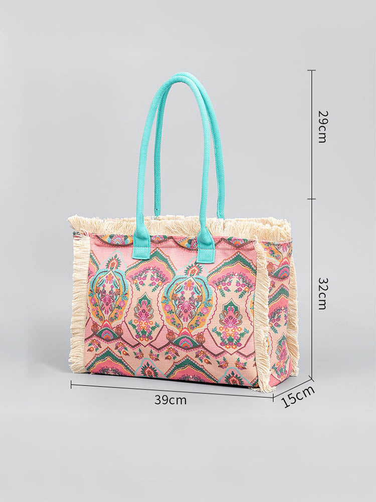 Große Shopper mit Fransen und Bunter Bohemian Druck | Sommer
