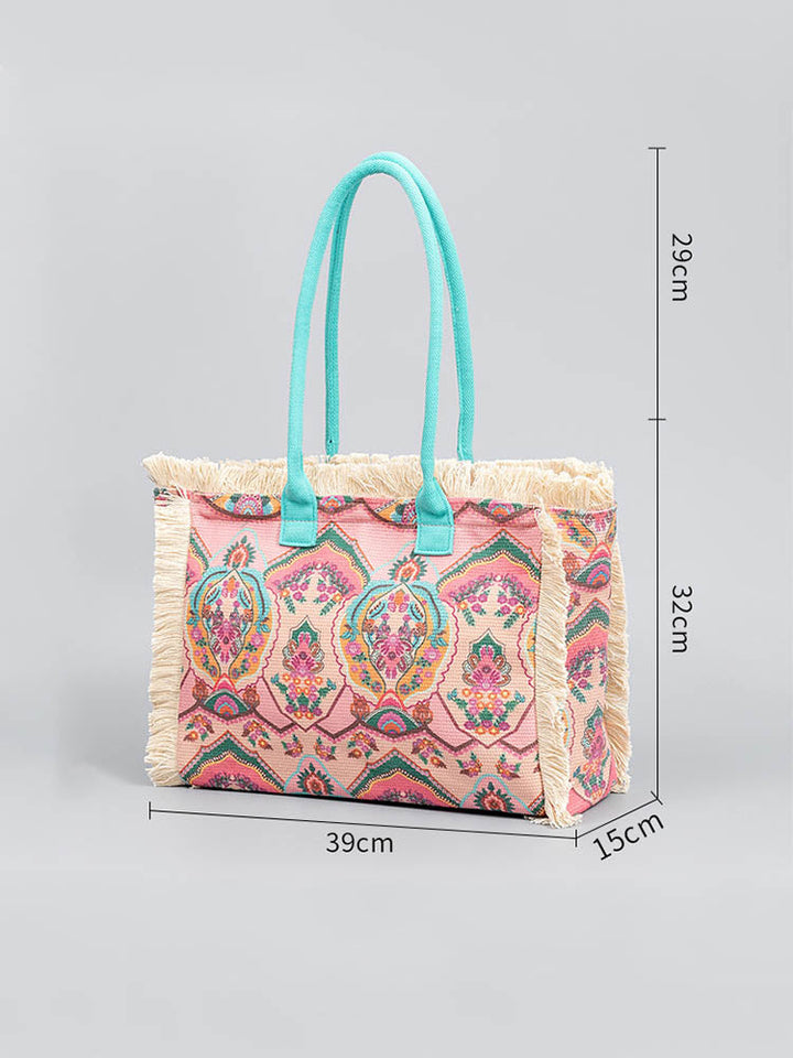 Große Shopper mit Fransen und Bunter Bohemian Druck | Sommer