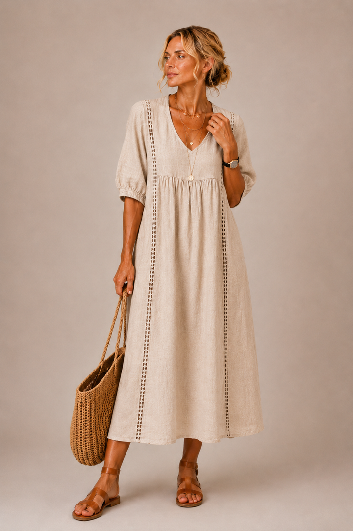 Elena - Luftige Leinen Midi Kleid
