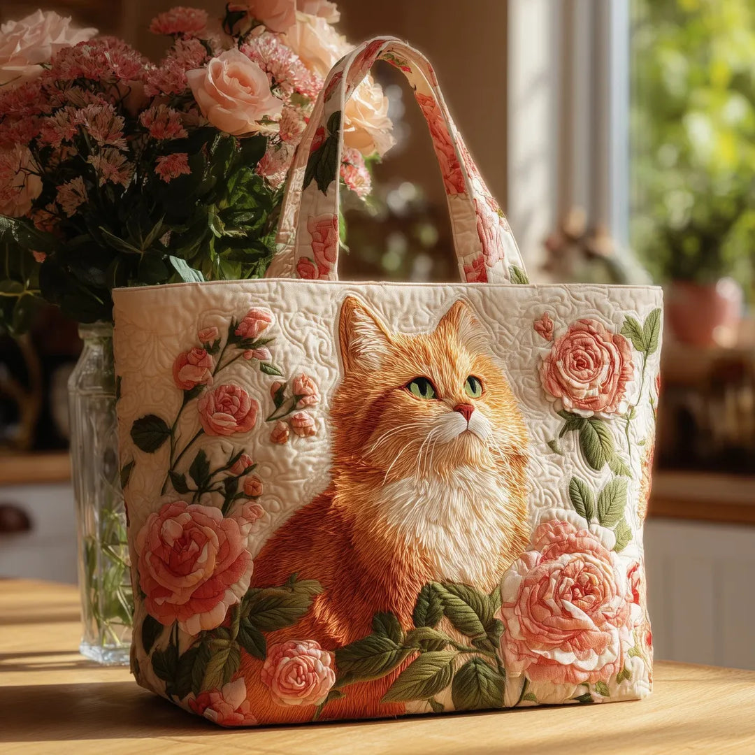 Gesteppte Tote Bag mit Motiv Orange Katze mit Rosen von Maria Zürich