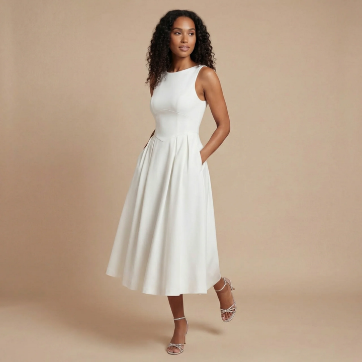 Laura - Ärmelloses Midikleid mit Bateau-Ausschnitt und gefaltetem A-Linien-Rock
