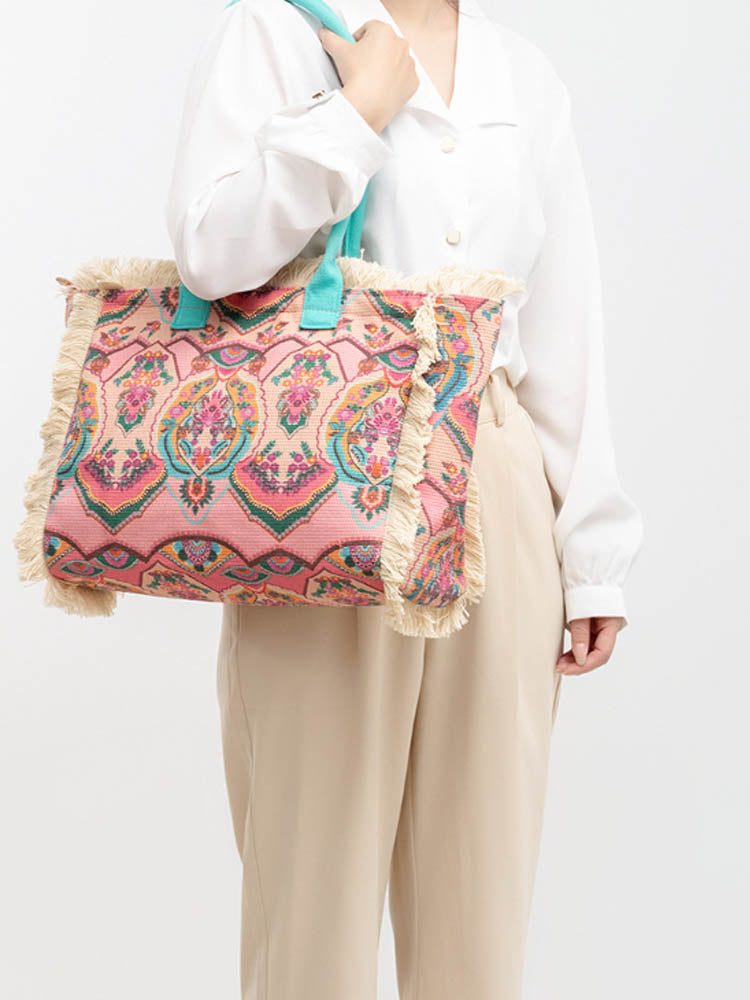 Große Shopper mit Fransen und Bunter Bohemian Druck | Sommer