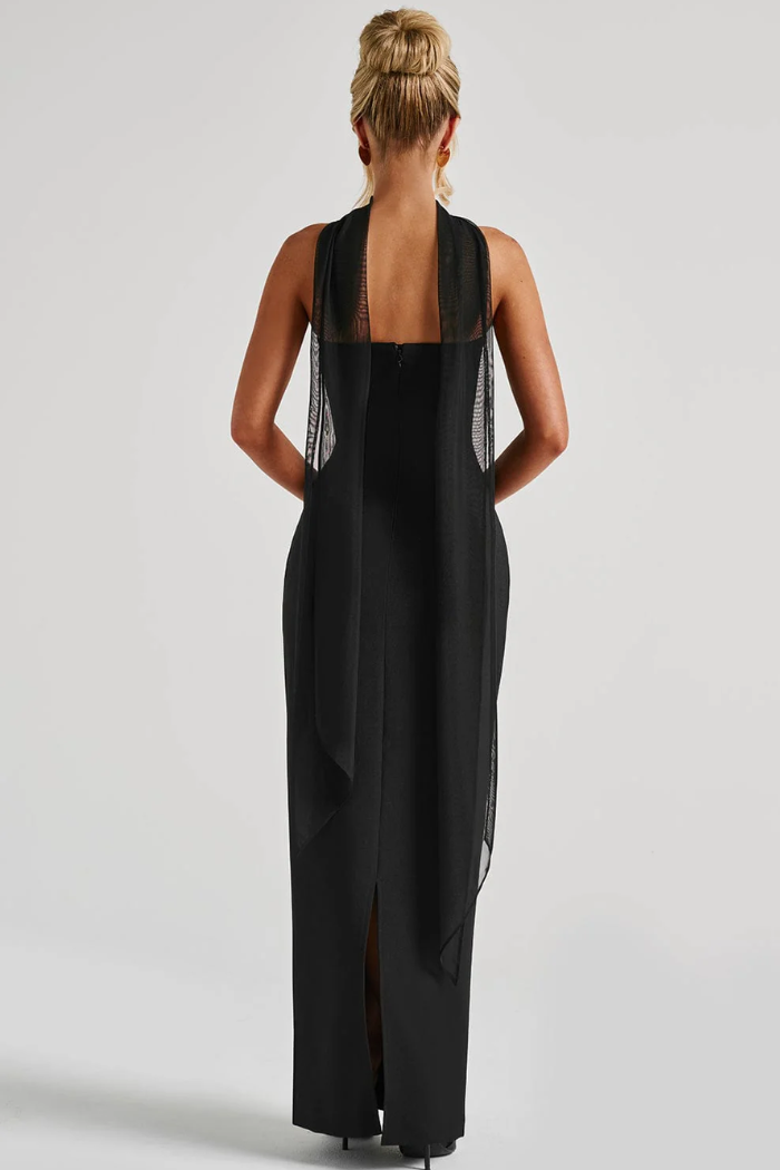Deborah - Strapless Bandage Maxi-Kleid mit Chiffon-Halter-Drape