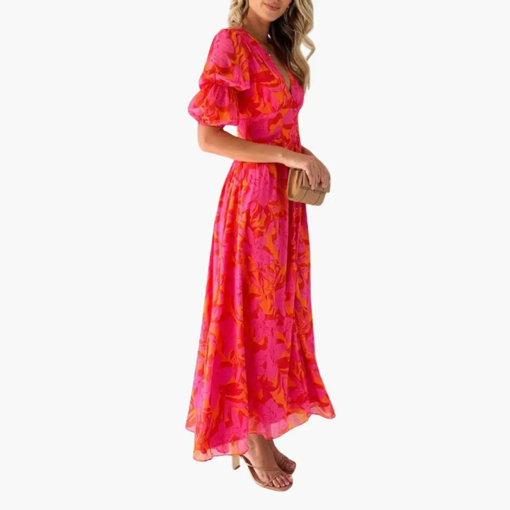 Elegantes Maxikleid für Damen - V-Ausschnitt & Puffärmel