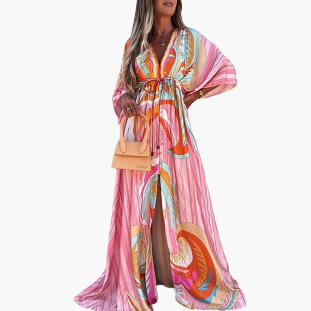 Farbiger Sommerkleid - Damen Maxikleid mit Blumenmuster