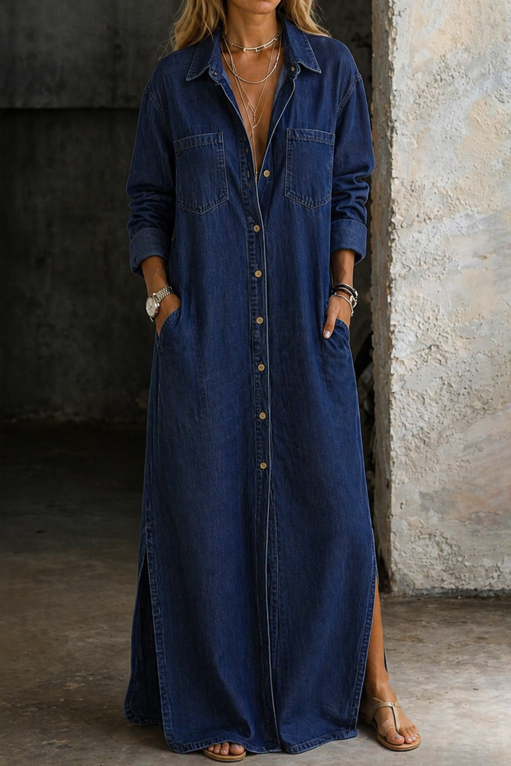 Mila - Denim Maxi Blusekleid