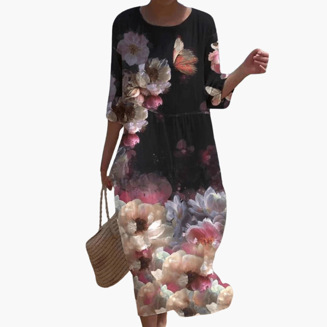 Mary - Rose Print 3/4-Ärmel Lockeres Midi-Kleid