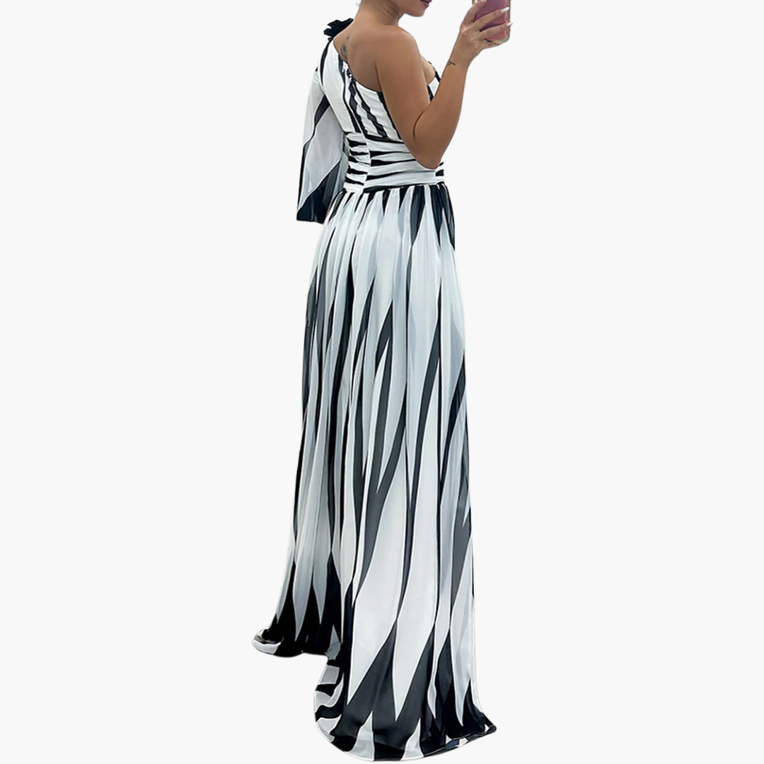 Susan - Ein-Schulter - Druck Puffärmel Maxi Kleid mit Schlitz