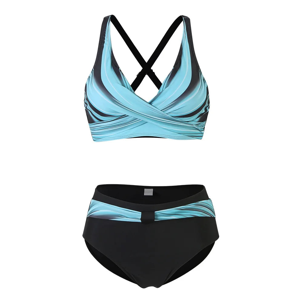 Hochgeschnittenes Bikini-Set mit stilvollem blauen Druck
