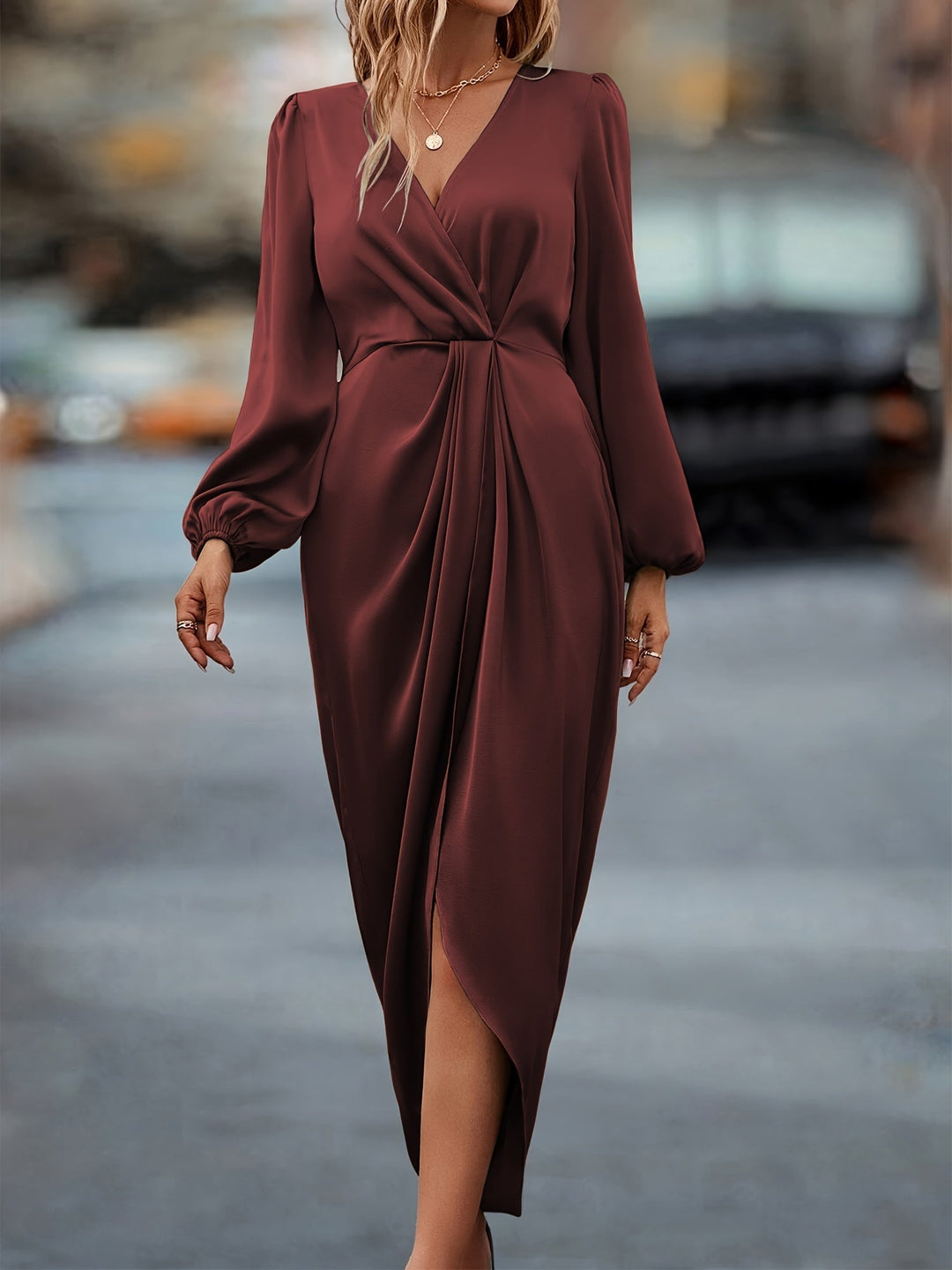 Damen Schickes Drapiertes Midikleid mit Schlitz