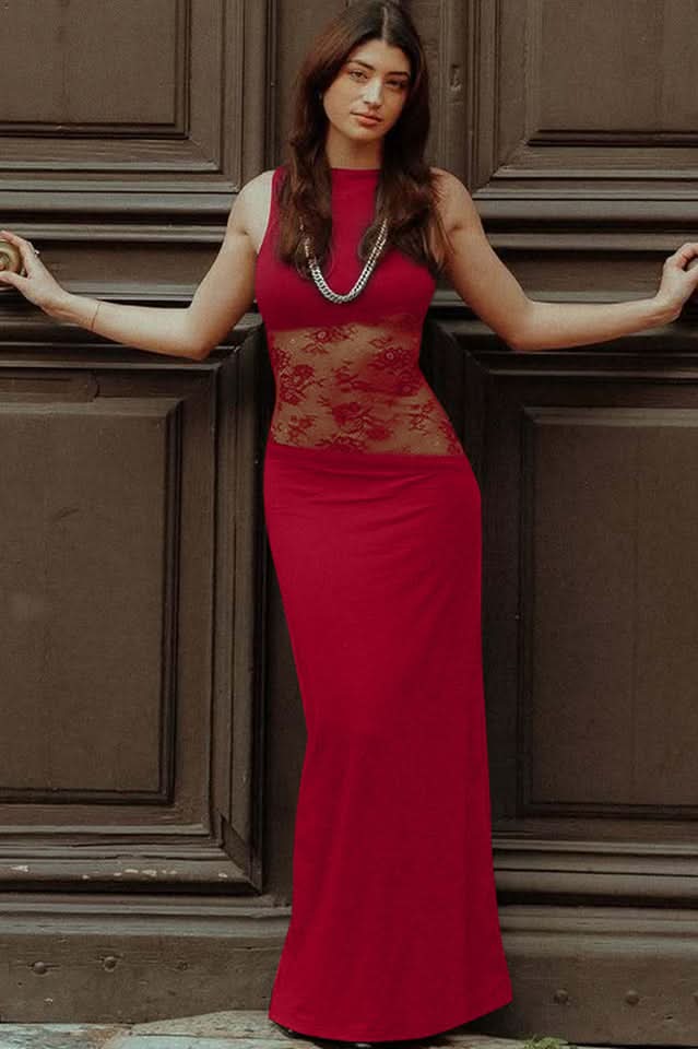 Amanda - Transparente Spitzen-Panel ärmelloses Maxikleid