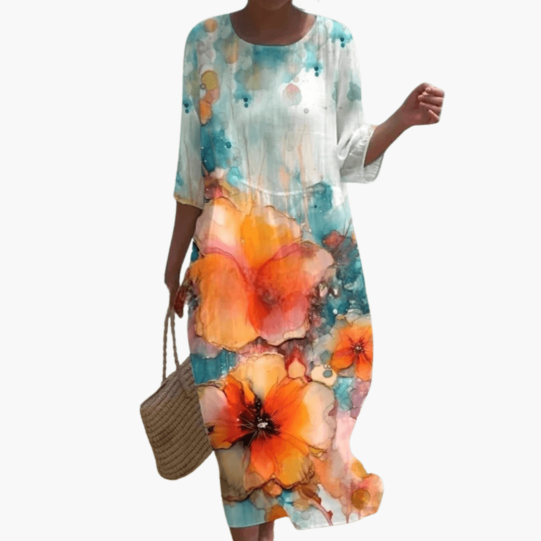 Mary - Rose Print 3/4-Ärmel Lockeres Midi-Kleid