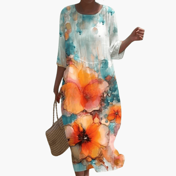 Mary - Rose Print 3/4-Ärmel Lockeres Midi-Kleid