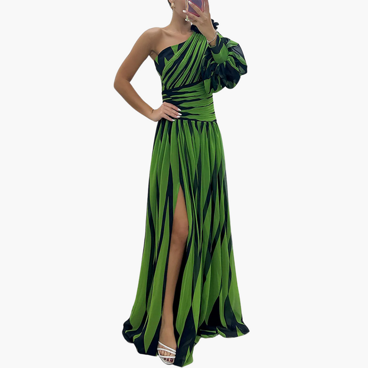 Susan - Ein-Schulter - Druck Puffärmel Maxi Kleid mit Schlitz