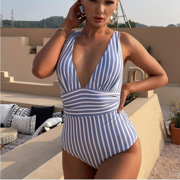 Halter Neck Gestreifter Einteiler Badeanzug für Frauen