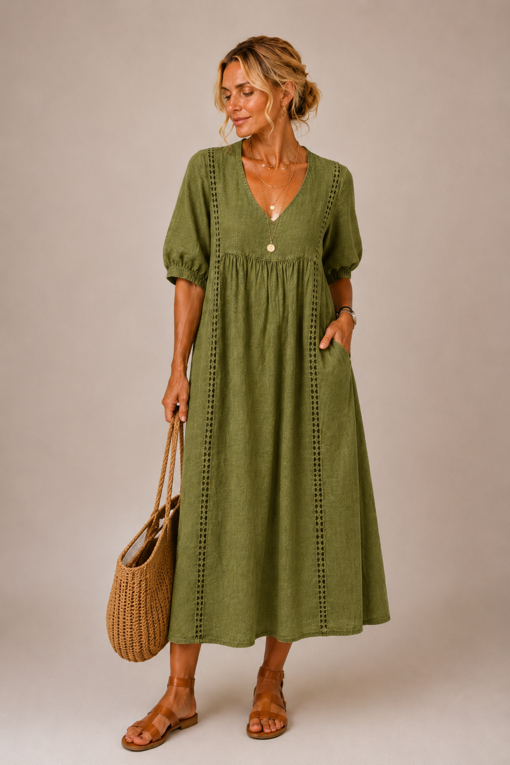 Elena - Luftige Leinen Midi Kleid