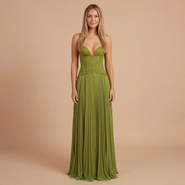 Carol - Spitzen-Corsage Falten Maxi Kleid