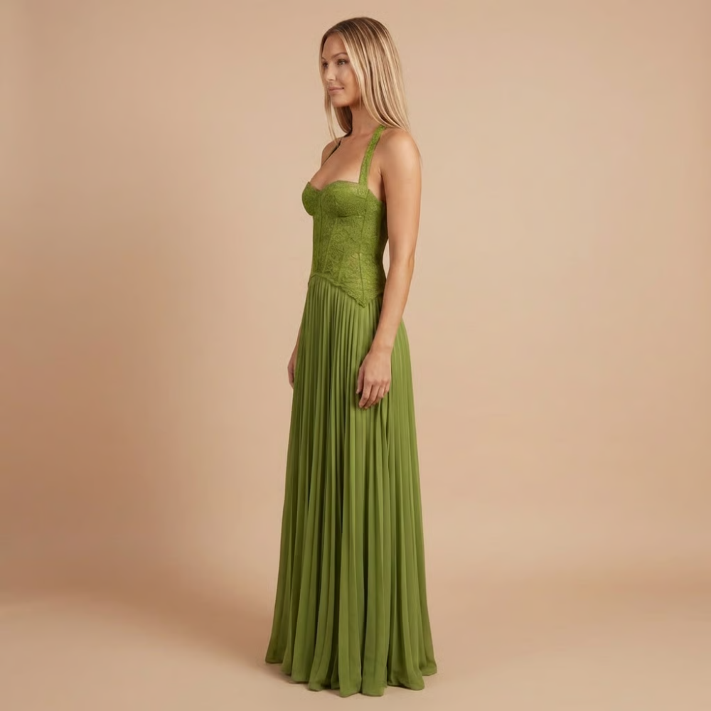 Carol - Spitzen-Corsage Falten Maxi Kleid