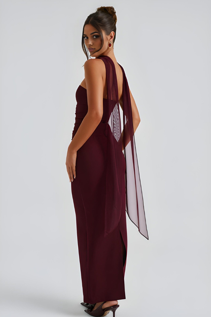 Deborah - Strapless Bandage Maxi-Kleid mit Chiffon-Halter-Drape