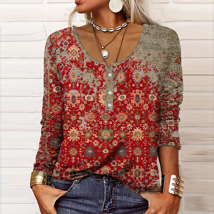 INES - Boho Ethnischer Druck Langarm Henley-Oberteil
